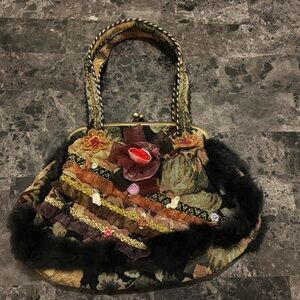 Ziba Retro Victorian Embellished Boho Frame Bag Floral Appliqué Kiss Lock 12x8